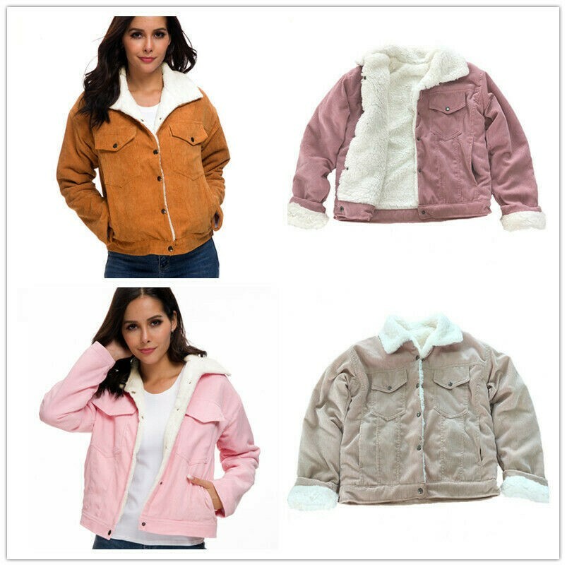 Women Girl Corduroy Coat Jacket Top Fleece Lined Warm Thicken Loose Casual Pink
