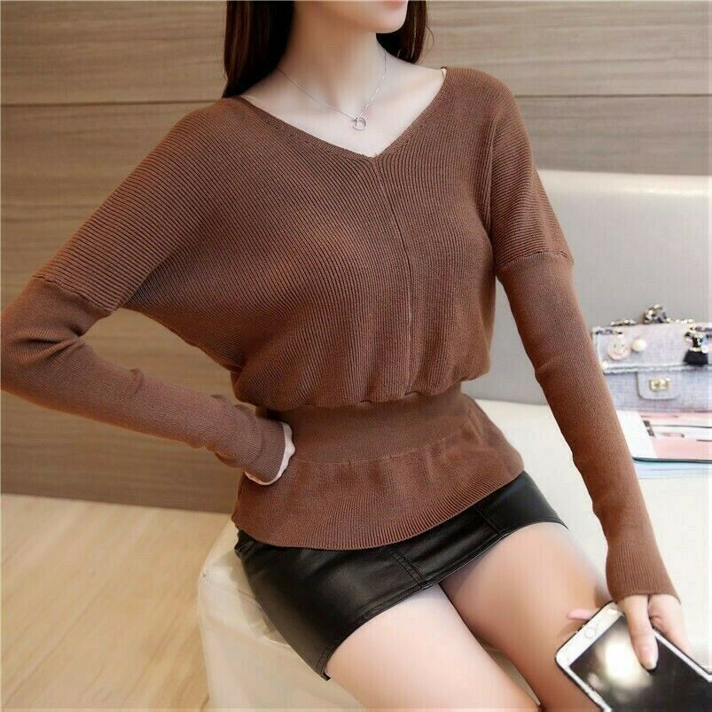Donna Ruffles Peplo Maglione Maniche a Pipistrello Spacco Maglione Scollo V Top