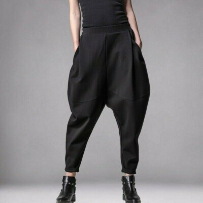 Women Harem Pants Baggy Trousers Elastic Waist Drop Crotch Loose Long Black
