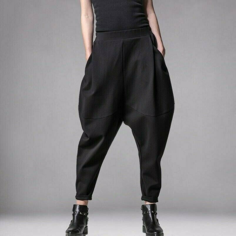 Pantaloni Harem Donna Baggy Elasticizzati Vita Alta Crotch Basso Lungo Nero