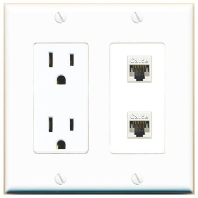 2 Port CAT5E Ethernet F-F Wall Plate w-Power Outlet White