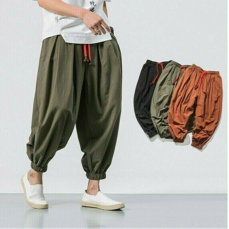 Pantaloni Harem Baggy Casual In Lino Vintage Hippy Neri