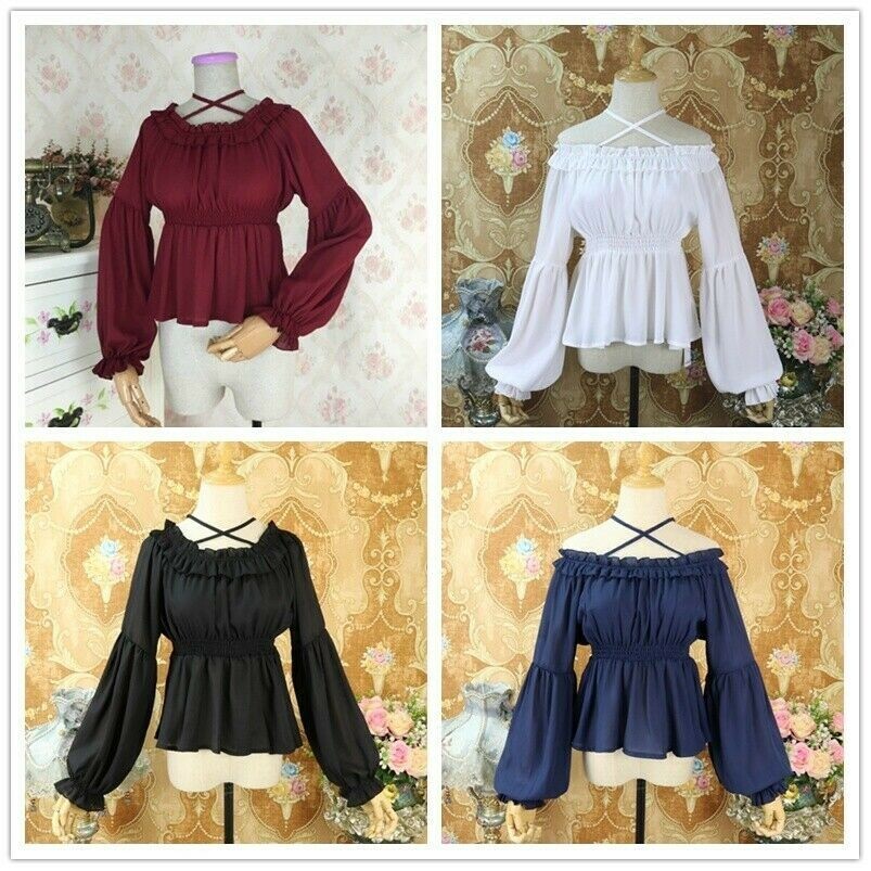 Camicia Blusa Ruffle Pizzo Vintage Peplum Donna Ragazza Lolita Chiffon Kawaii
