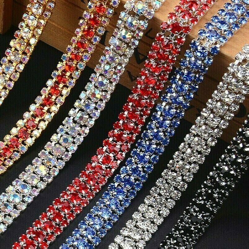 1.8m 3-Rows Cristallo Strass Orlo Catena Fai da Te Cucito Creazione Decorazione