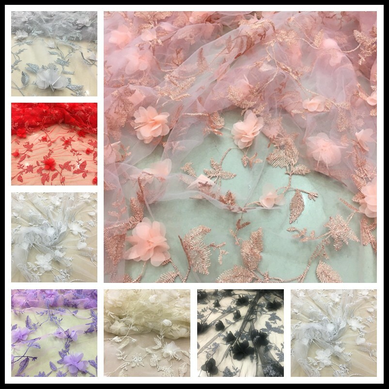 Embroidery Lace Fabric Chiffon Mesh Flower Voile Tulle Dress Tutu Skirt 3D