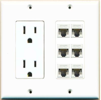 15 Amp Power Outlet 6 Port CAT5E Ethernet F-F Jack Wall Plate White