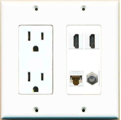 [ 2 GANG ] 15 Amp Duplex Power Outlet 2 HDMI Coax CAT6 Wall Plate Hide Cables