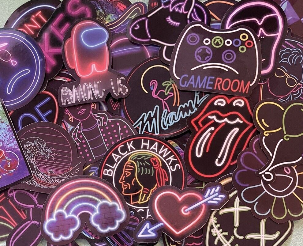 50 Neon Stickers Pack Retro Laptop Water Bottle Decals TikTok Among Us Owl Wings