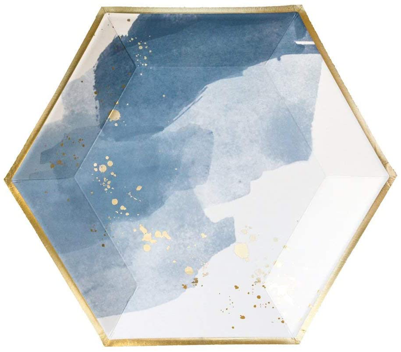 Harlow & Grey Malibu Blue Watercolor with Gold Large Paper Plates - Birthday, We