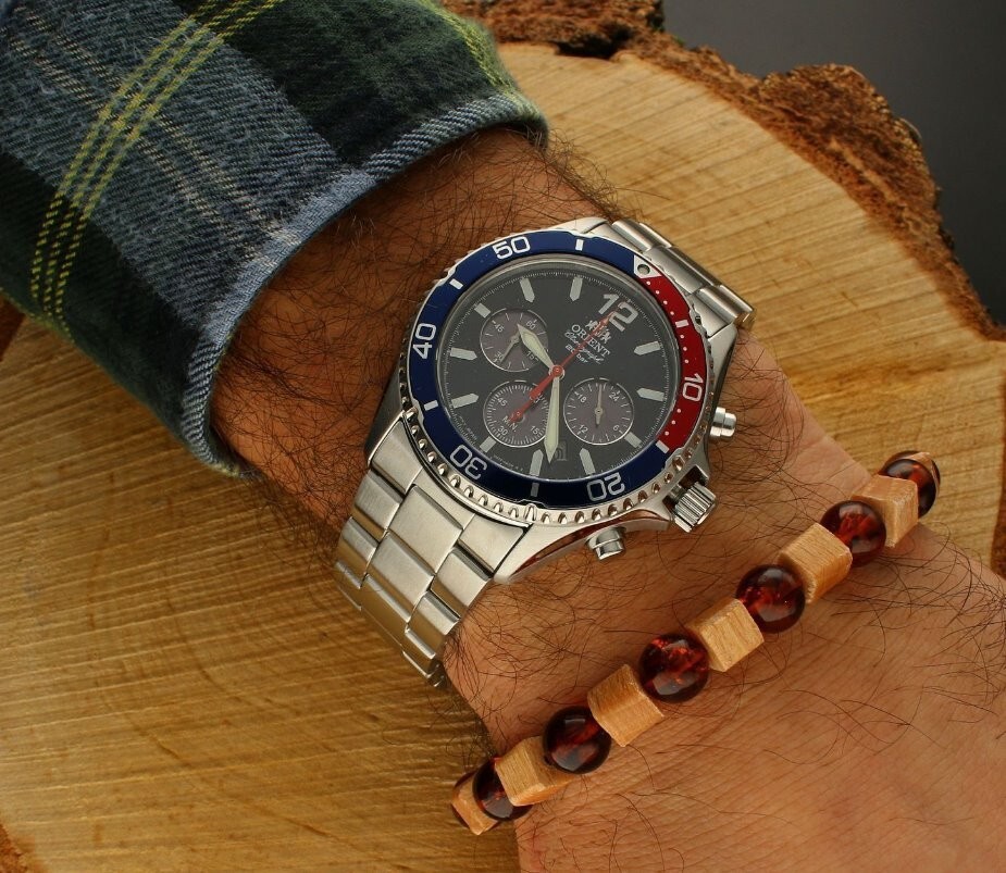 Pre-owned Orient Ra-tx0201l10b Mako Solar Chronograph Blue Face Analog Men's Diver's Watch