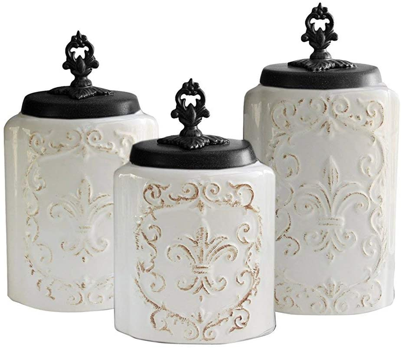 White 3 Piece Fleur De Lis Canister Set 46.0 Ounces Ceramic 
