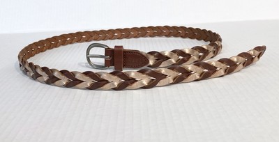 Fossil Braided Belt Brown & Metallic Gold Thin Woven Boho Hippie Casual Festival