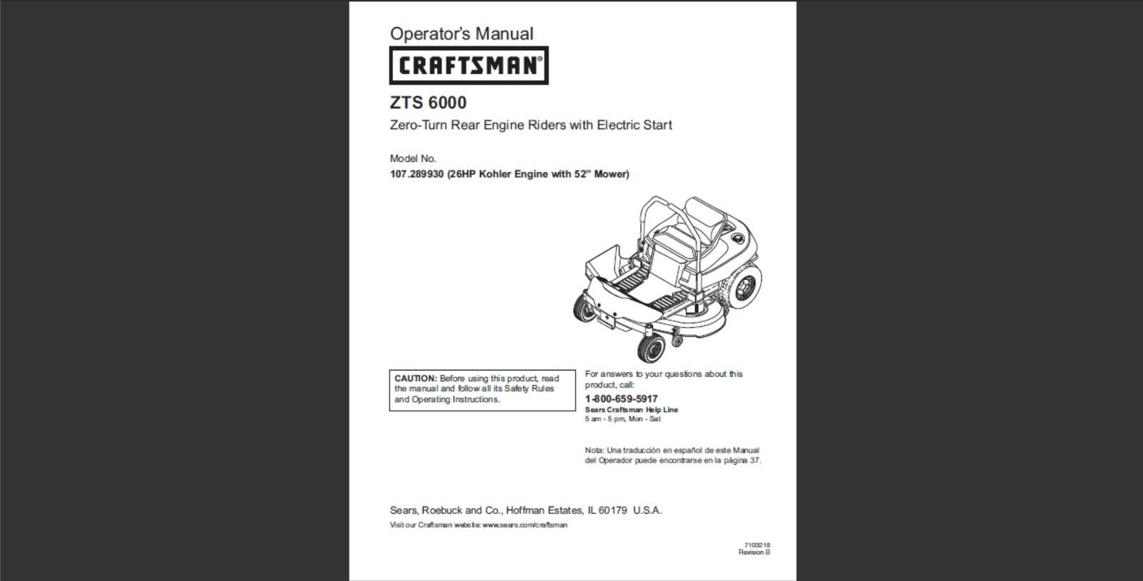 Craftsman ZTS 6000 Model 107.289930 Zero-Turn Mower Craftsman ZTS 6000 Model 107.289930 Zero-Turn Mower