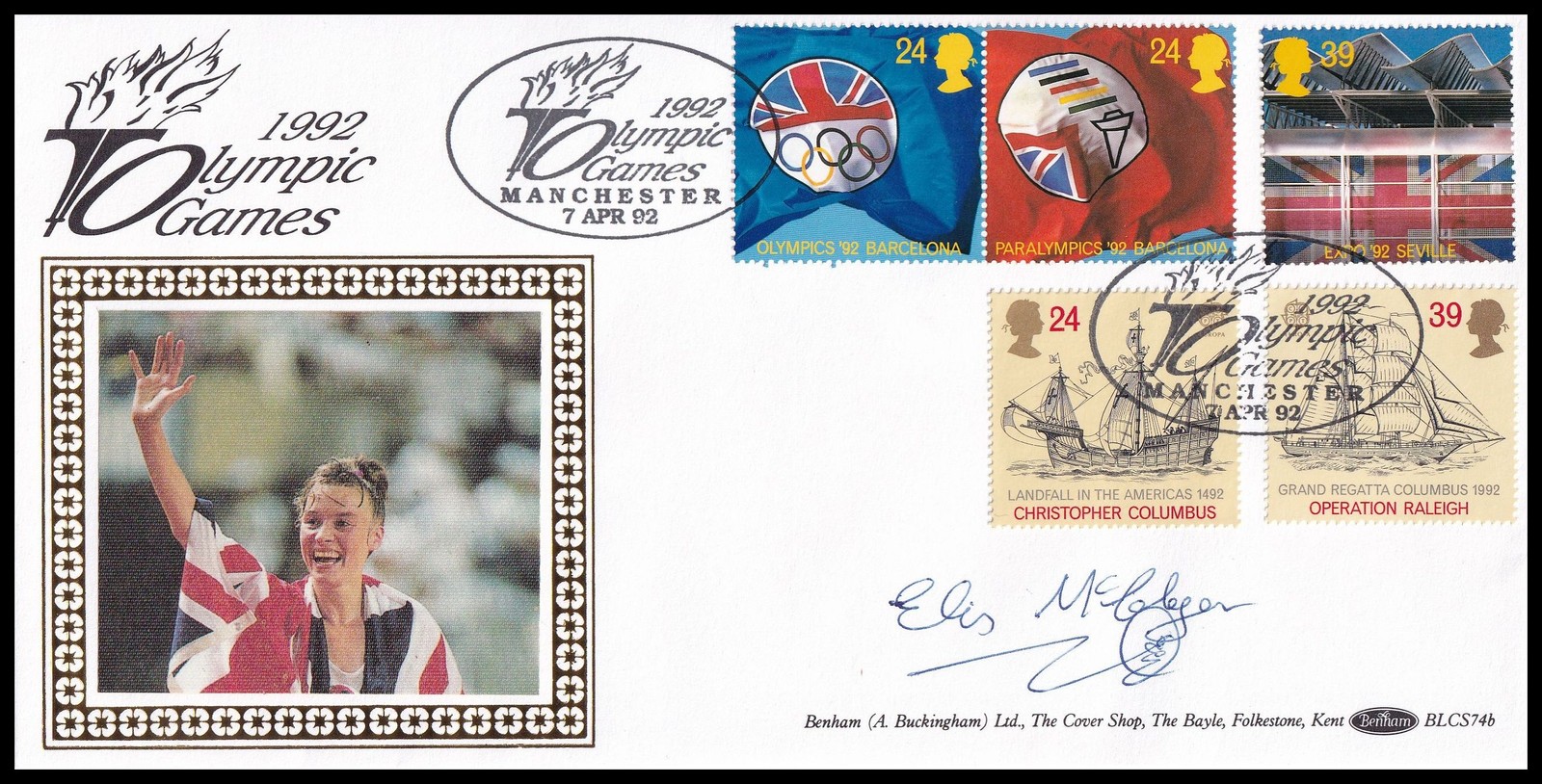 LIZ McCOLGAN Signed 1992 GB Europa Olympic Games Benham BLCS74b FDC