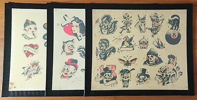 Lot Of 3 Leonard Stoney St Clair Traditional Vintage Style Tattoo Flash Sheets