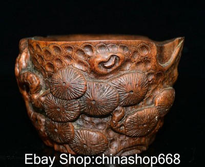 4  '' Old China Bamboo Root Carve Feng Shui Pine Bowl