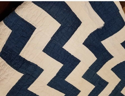 Primitive Antique Blue And Cream Endless Stairs Quilt 1870s 1880s 74