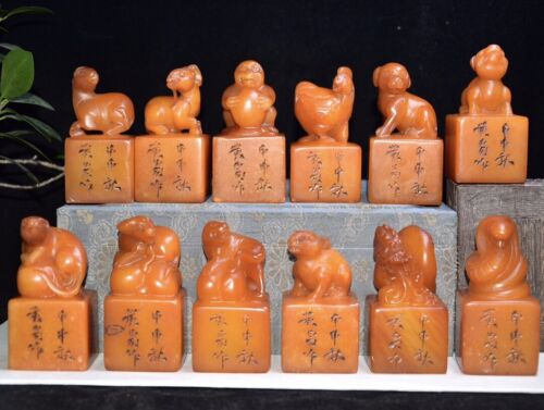 2860g  A set China Hand Carved Natural ShouShan Stone twelve zodiac Statue Seals
