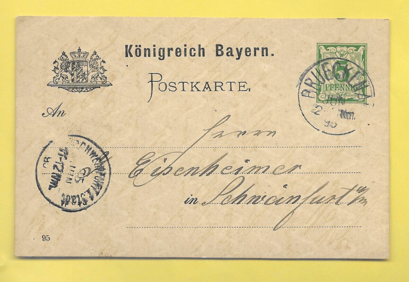 68) Postkarte Von BrÃ¼Ckenau (Unterfr.) Nach Schweinfurt - 25.06.1894 (J. Merck)