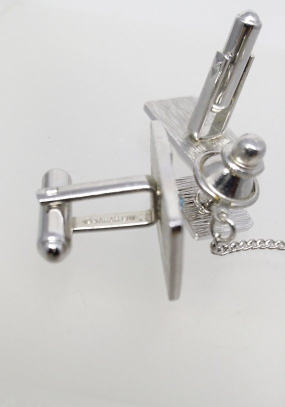 Sarah Coventry Silvertone Cufflinks Tie Tack Clip, Blue Rhinestone Men's Jewelry