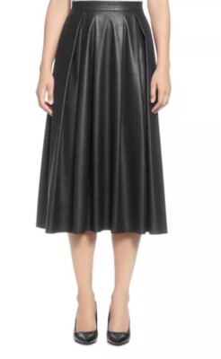 T Tahari Vegan Leather Pleated Midi Full  Skirt Black SZ 6 Flowy Boho Chic FALL