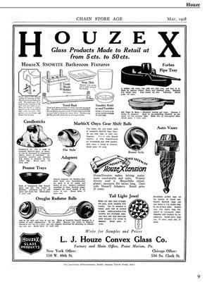 Houze Glass history, ads, patents, 1972 catalog reprint