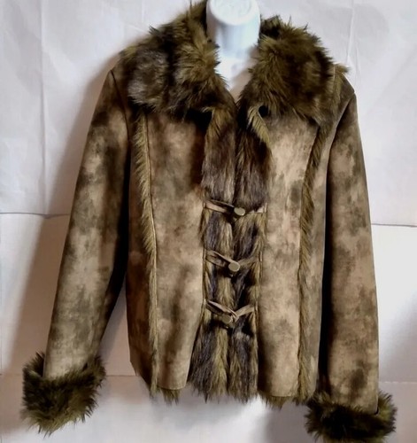 MONTANACO Faux Suede Faux Fur Trim Jacket Khaki Green Woman's Medium Button/Zip