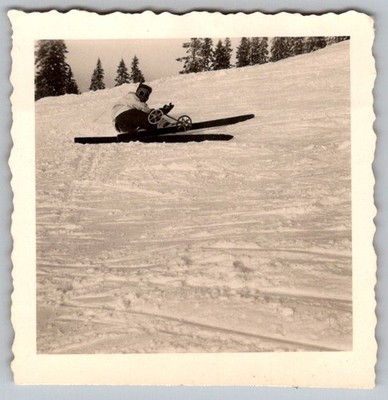 Vtg B&W Snapshot Man On Toboggan Snowy Slope Feb 1947