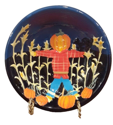 Halloween Candy Bowl Blue With Scarecrow in Corn Patch Black Cat Pumpkins