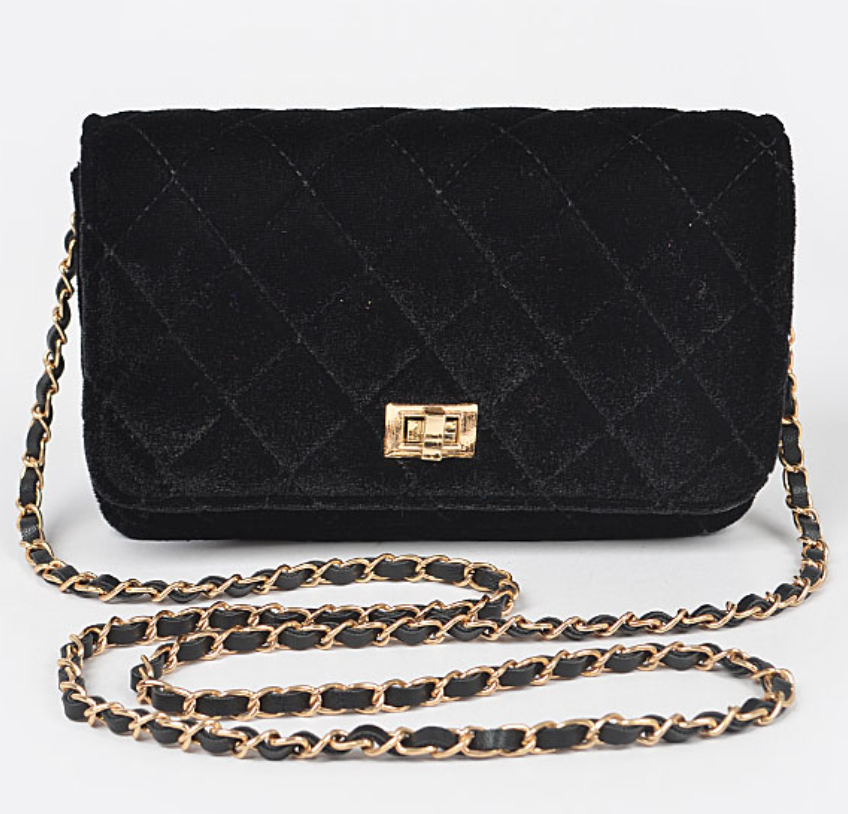 Black Velvet Quilted Crossbody Shoulder Flap Bag Gold Chain Nice Small Purse