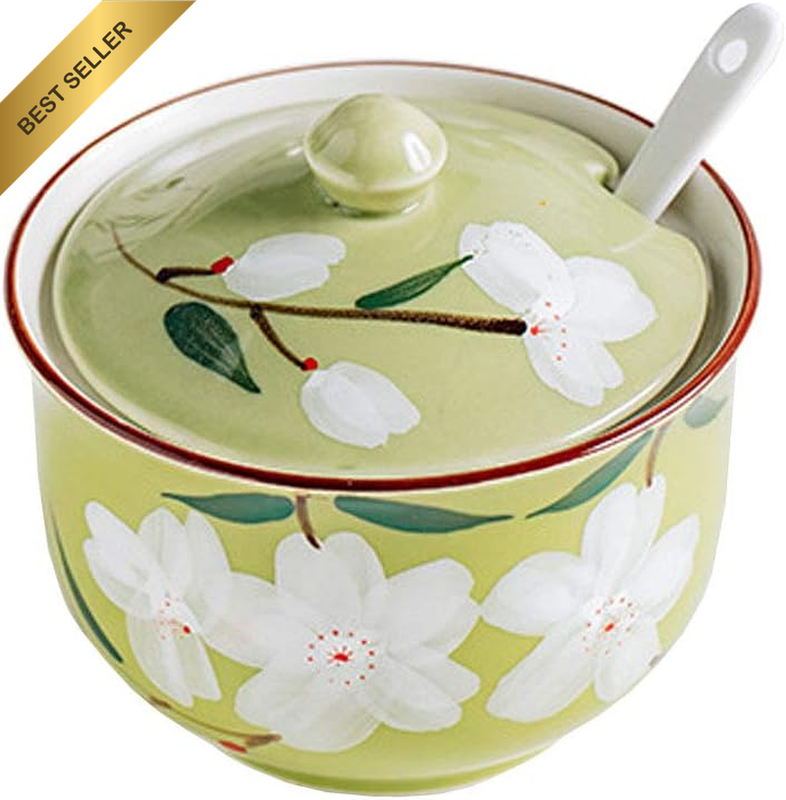 Hand-Painted Flower Ceramic Condiment Pot Seasoning Jar Sugar Bowl with Lid and