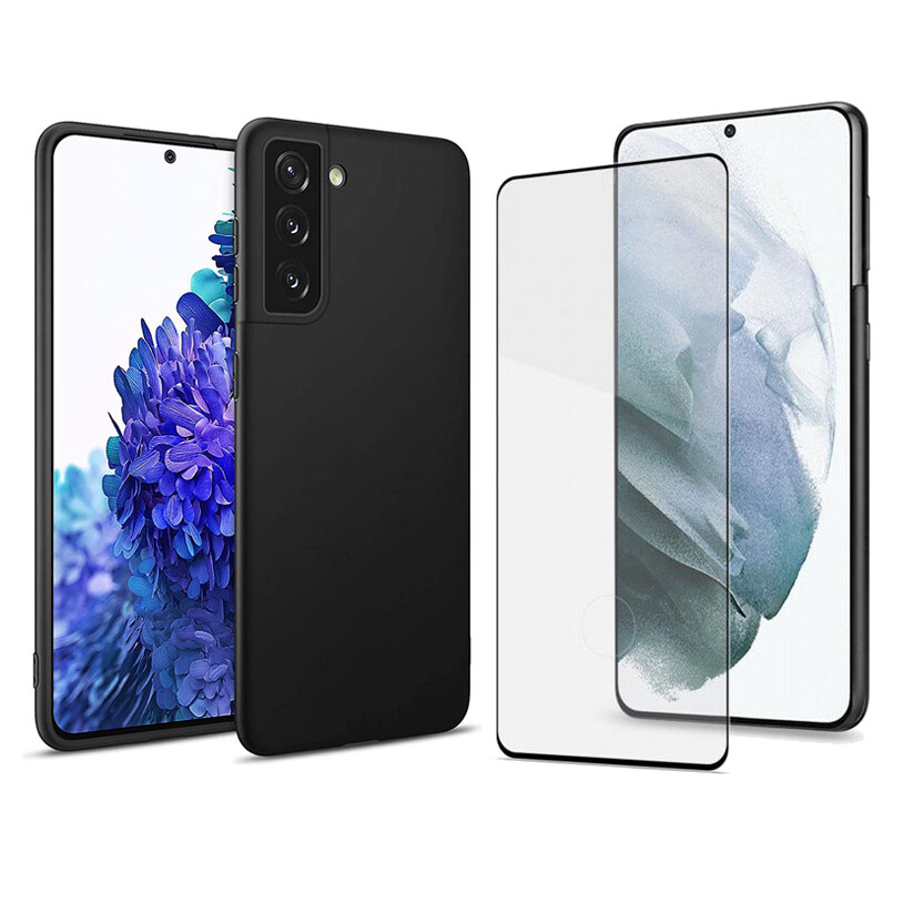 Ultra Dünne TPU Silikon Hülle in Matt Schwarz für Samsung Galaxy S21 mit 5D Glas