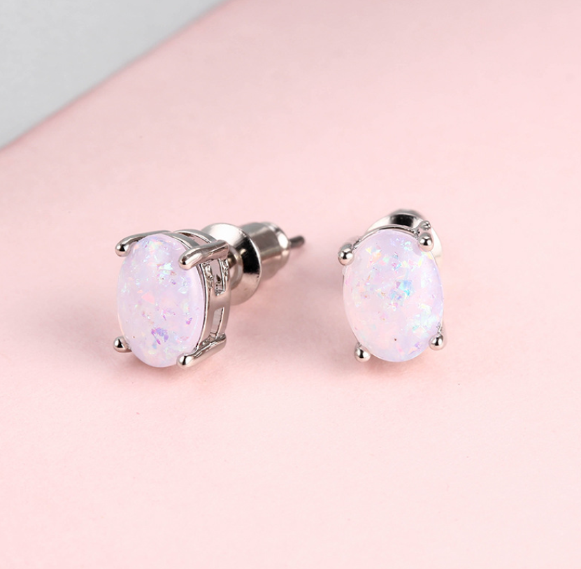 Oval Cubic Zirconia Opal Sterling Silver Post Stud Earrings 6x9mm Men Women PE22