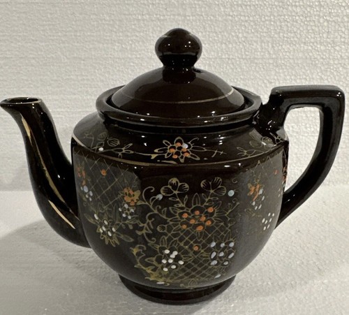 Vintage Japan Red Ware Pottery Moriage Tea Pot-1950's Brown Floral-Hand Painted