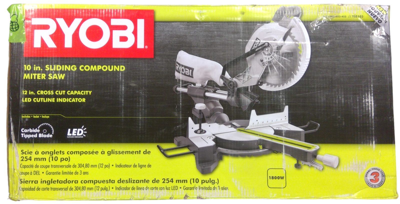 USED - RYOBI TSS103 15amp 10" Sliding Compound Miter Saw
