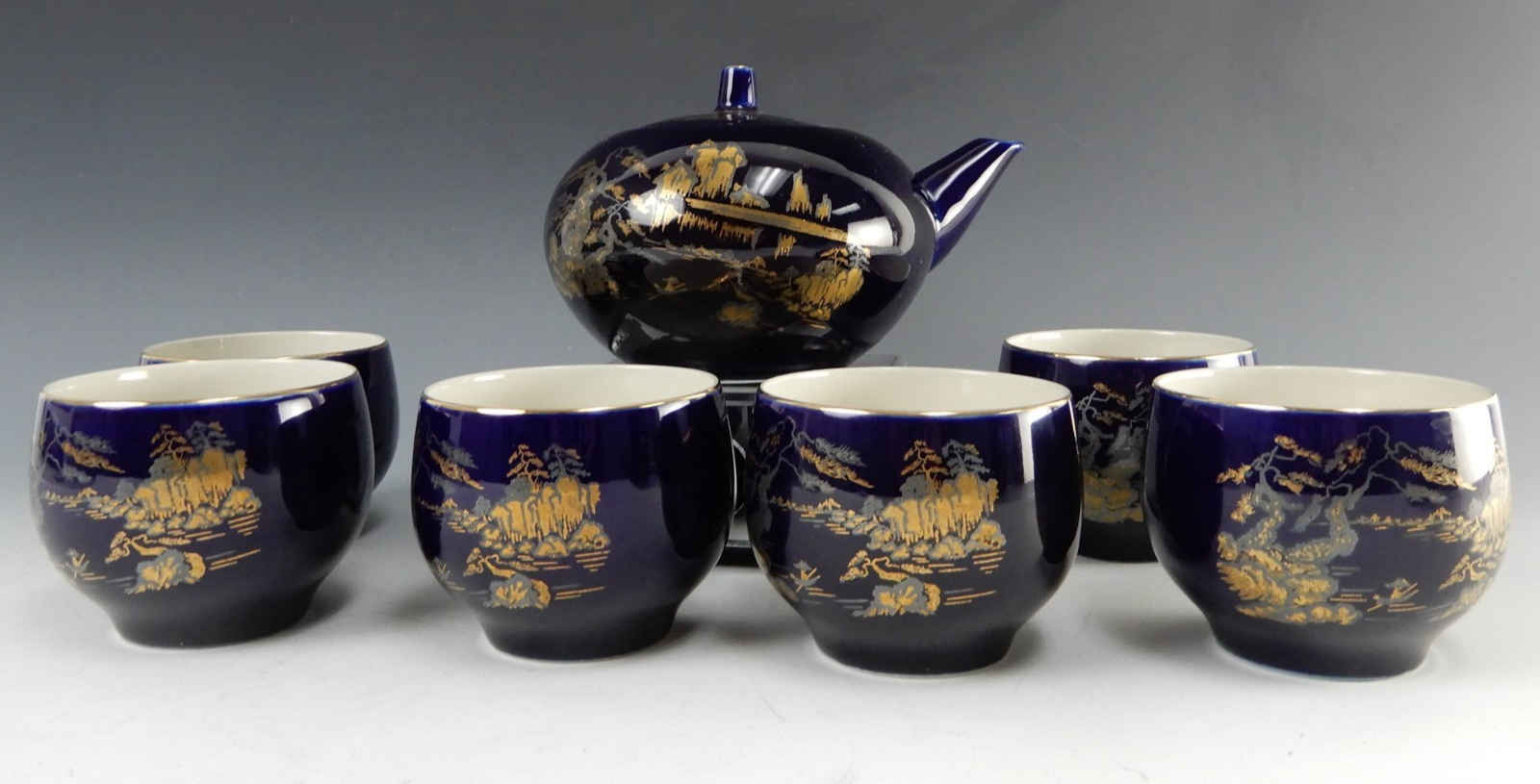Vintage  Kutani Japanese Cobalt Blue Gold Gilt Side Handle Teapot w/ 6 Cups