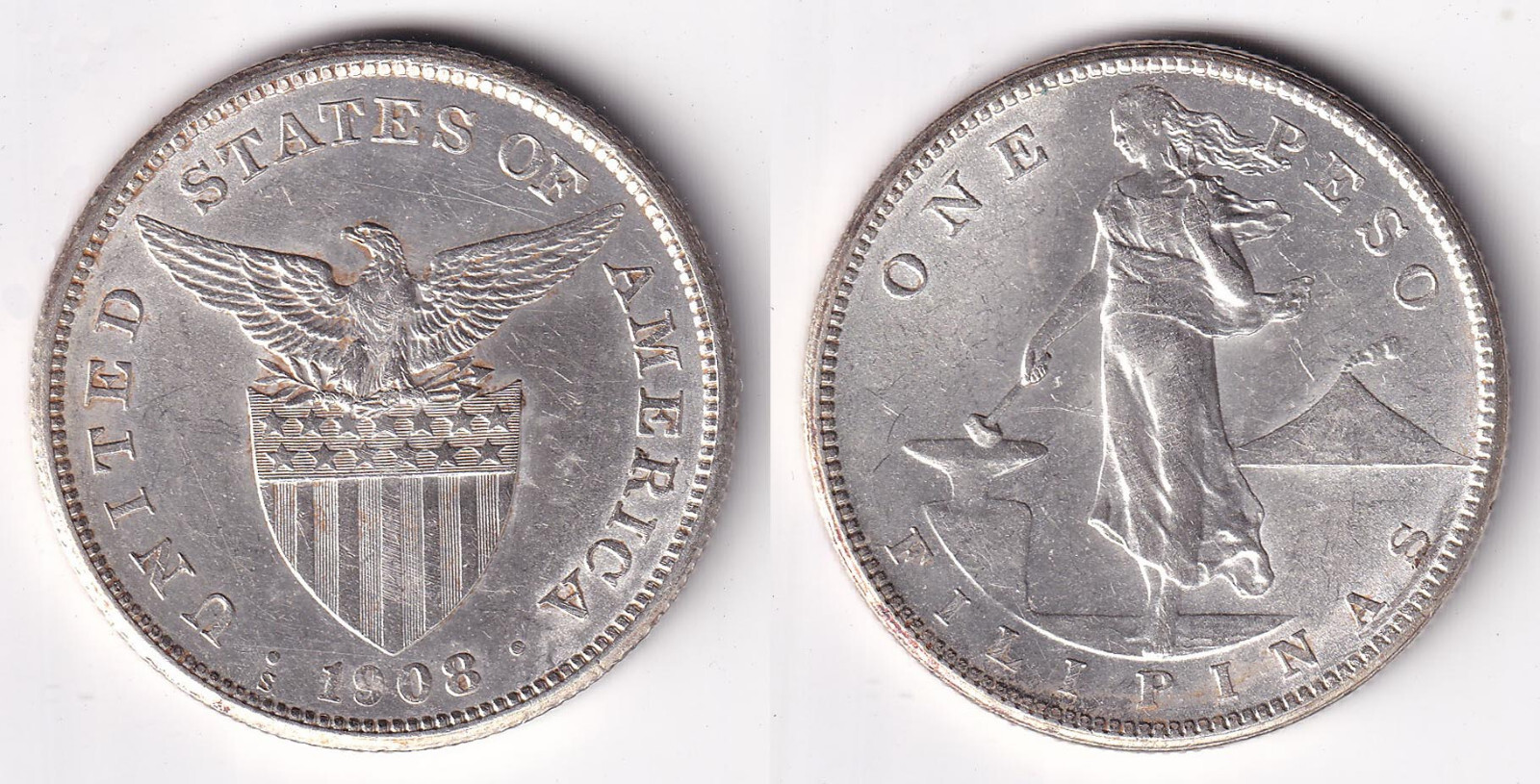 1908年発行のアメリカ統治下フィリピン「1ペソ」銀貨 308 1908年発行のアメリカ統治下フィリピン「1ペソ」銀貨 308 1908年
