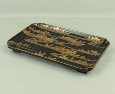 Makie Gold Lacquered Japanese Tray Stream Cherry Flowers VA459
