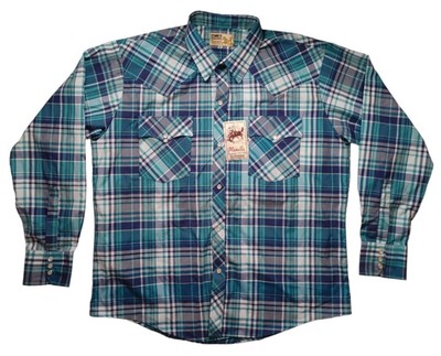 NWT Classic Western Pearl Snap Shirt Blue Green Plaid Muralla Vaquero Size XL 42