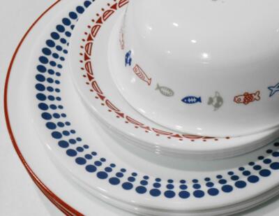   20-pc Corelle HARBOR TOWN Dinnerware Set / FISH Fishing Boat Red Blue Dots