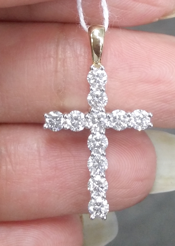 Pre-owned Handmade Deal 1.00ct Genuine Round Diamonds Cross Pendant In 14k Gold 27mm In White