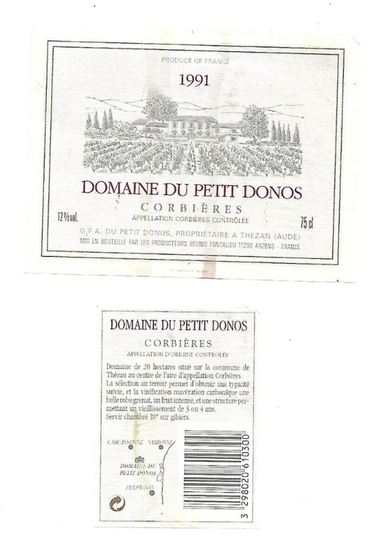 Etiquette - CorbièRes - Domaine Du Petit Donos 1991, Thezan