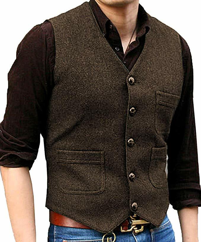 Mens Tweed Vest Wool Herringbone Western Cowboy Formal Casual Vests Large XL 2XL