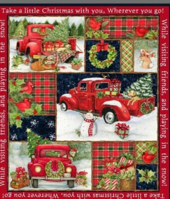 Spring Creative - Christmas Red Truck Collage Quilting and Crafting Fabric Panel