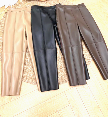 Womens Lambskin Leather Pants Black/Brown/Tan Cropped Lined Zippers Size W/34