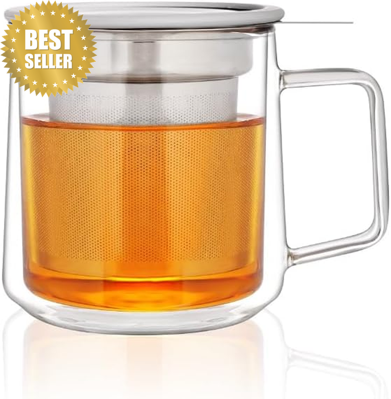 Double Wall Glass Cup with Stainless Steel Infuser and Lid, 355Ml Borosilicate G