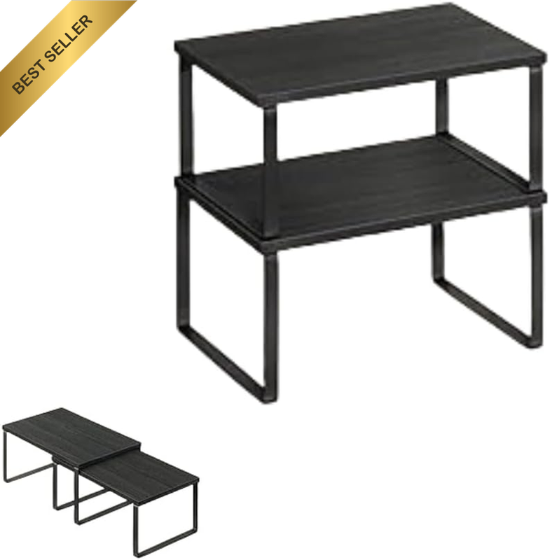 Cabinet Shelf Organizers Set of 2 Stackable Expandable Kitchen Counter Racks Bla