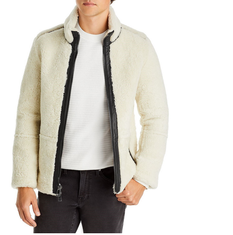 Pre-owned Michael Kors Mens Shearling Jacket Real Sherpa 100% Real Lamb Leather Size Large In White