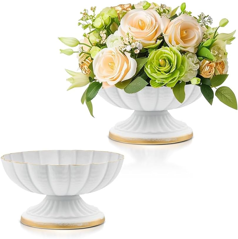2 Pack Metal Compote Bowl Centerpiece Vase, White Flower Arrangement Pots, Table