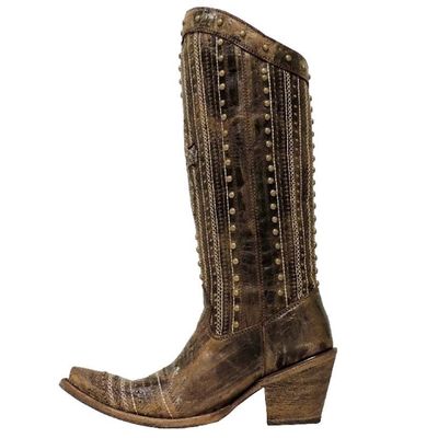 Pre-owned Corral Boots Corral Ladies Brown Crystal Cross And Stud Boot C2925